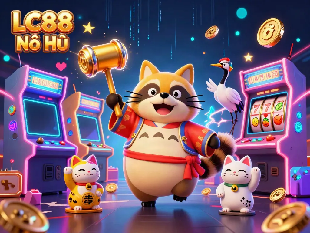 Win big with LC88 Nổ Hũ as cheerful tanuki brings luck amidst vibrant casino elements.