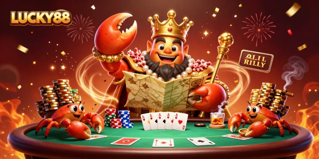 Join the action in LUCKY88 with a golden crab emperor at a vibrant poker table.