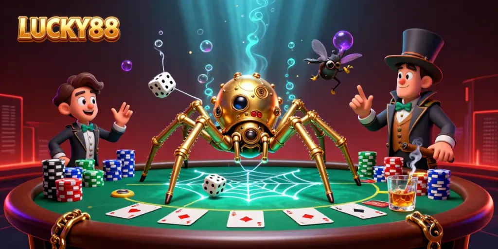 Experience thrilling action with LUCKY88 as a steampunk spider weaves a golden web of poker chips.