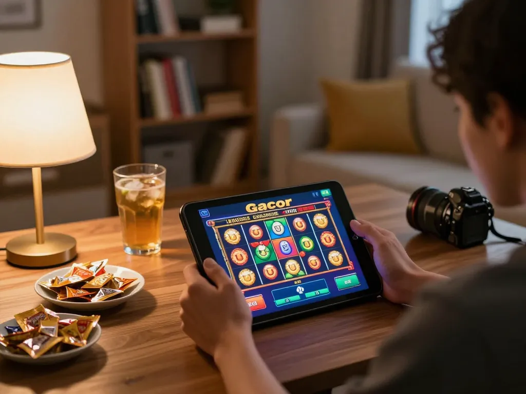 Engaging with slot gacor interface at home, showcasing vibrant online gaming