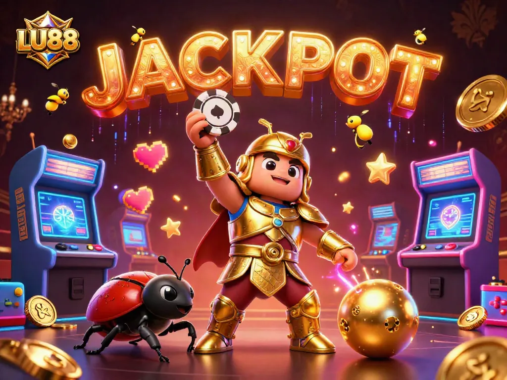 Experience LU88's immersive gameplay with vibrant characters and casino objects spelling JACKPOT!