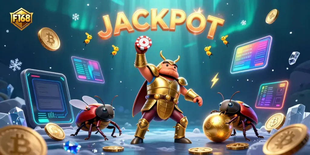Engage with F168's gaming universe as the hercules beetle lifts a poker chip in victory.