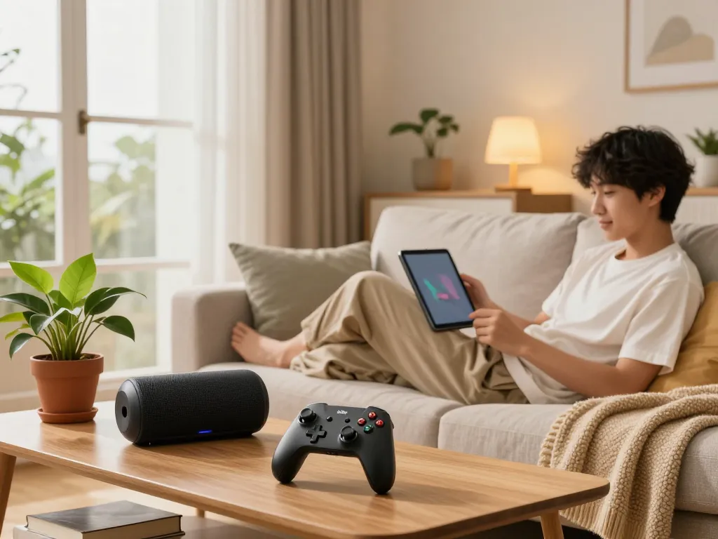 Exploring cool tech gadgets under $107 in a cozy living room setting, showcasing Bluetooth speaker and gaming controller.