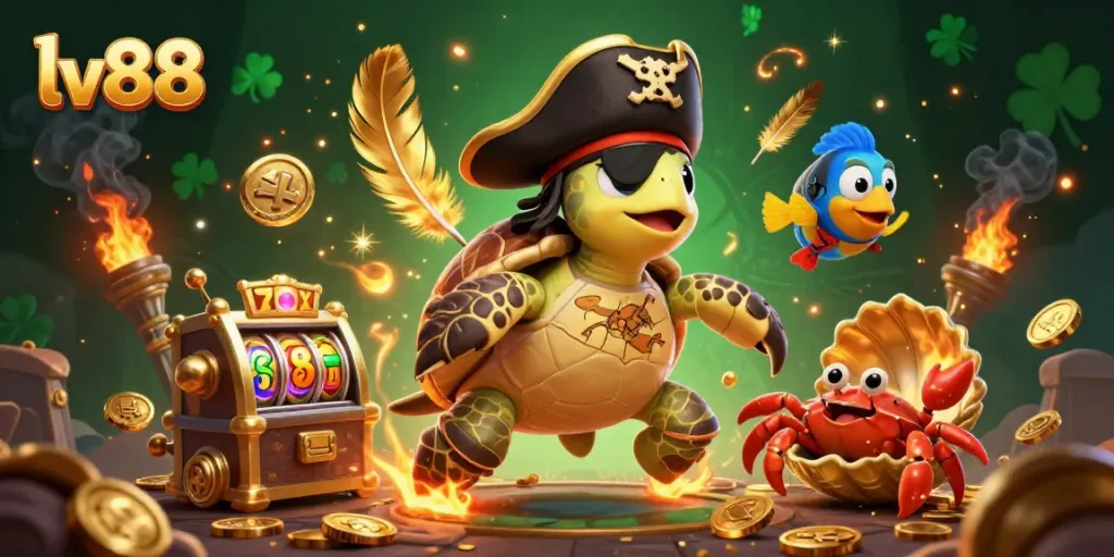 Engage in exciting slot adventures with LV88's charming characters around dynamic casino elements, showcasing thrilling wins.