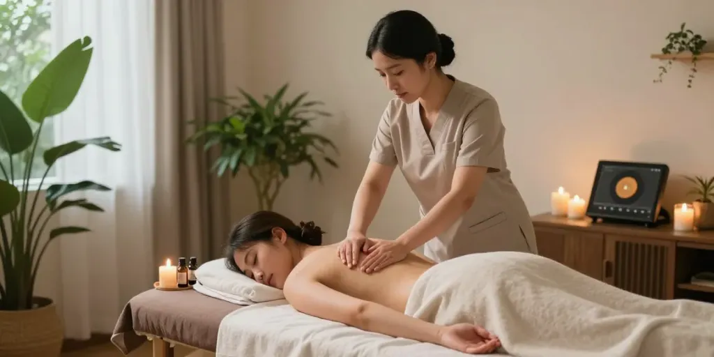 Relaxing 수원출장안마 session in a serene home spa environment with soothing lighting and plants.