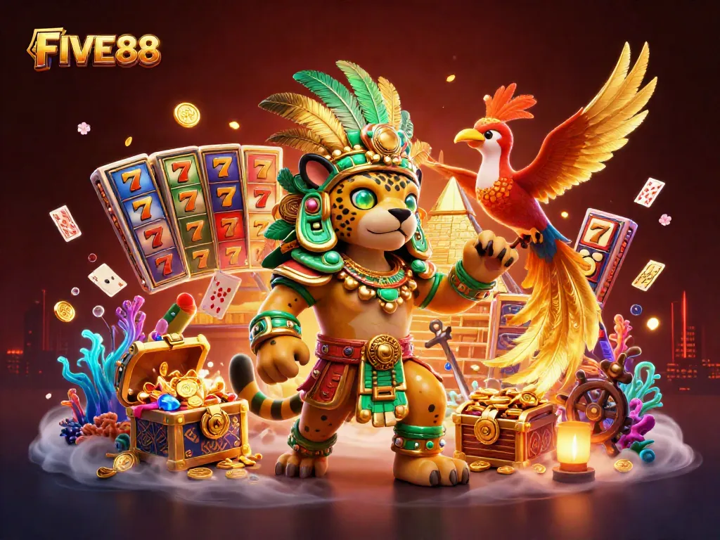 Experience the thrilling FIVE88 casino adventure with vibrant slot machines, gold coins, and dynamic characters.