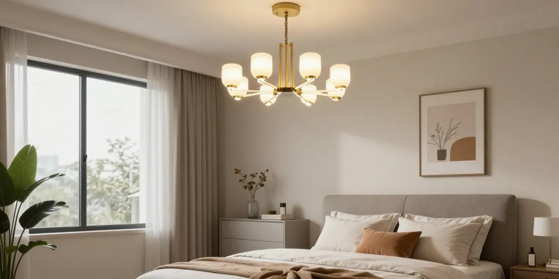 Candelabru dormitor elegant, iluminând un spațiu modern și primitor, cu decor rafinat.