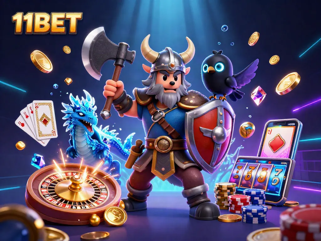 Experience thrilling casino adventures with 11BET featuring Viking warriors, dragons, and vibrant gaming elements.