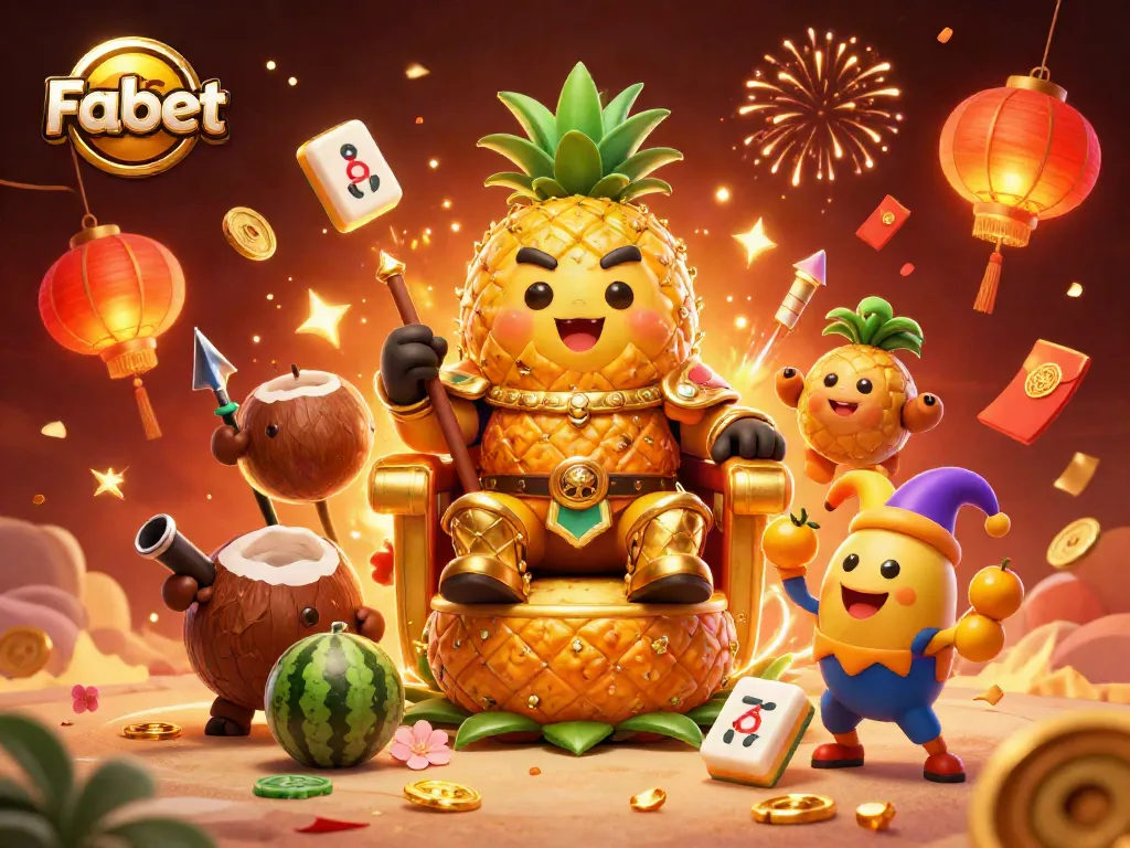 Engage in thrilling casino action with Fabet, featuring a vibrant beach scene of a pineapple king with golden mahjong tiles.
