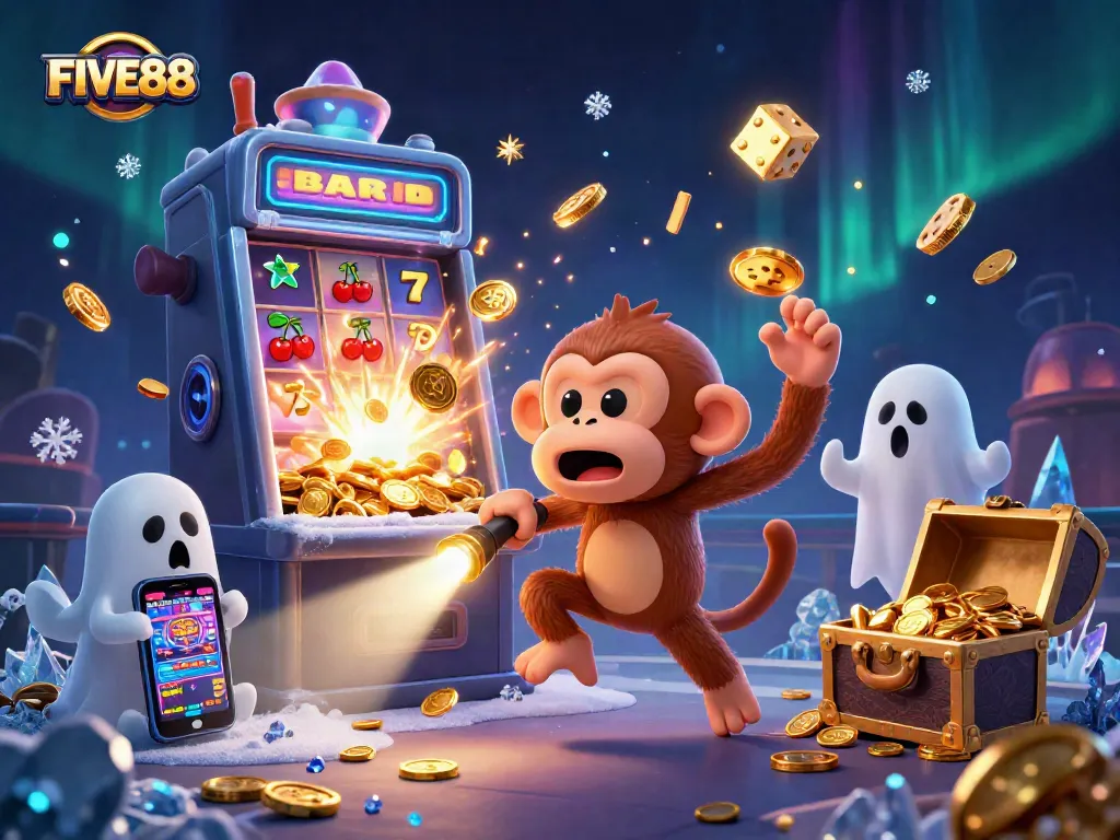 Engage with FIVE88 in this vibrant casino scene featuring a playful monkey and a curious puppy amidst winning elements.