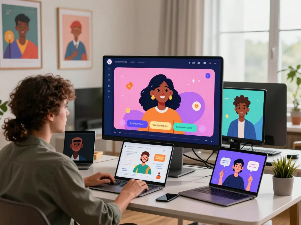 Interactive AI chat platform with users engaging character avatars showcasing crushonai.