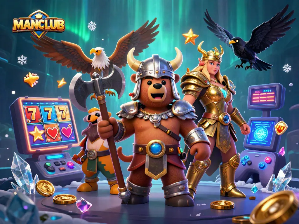 Experience the excitement of MANCLUB with a rich 3D casino illustration featuring epic characters and slot game elements.