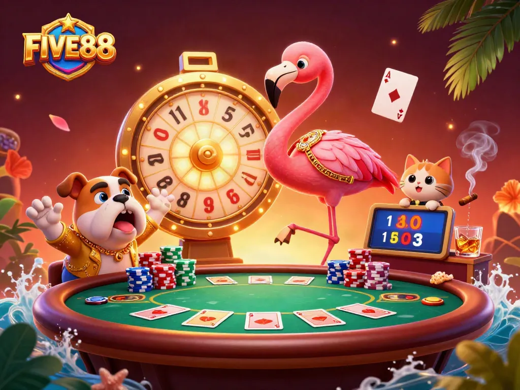 Engage with FIVE88's thrilling atmosphere as flamingo host spins a giant prize wheel in a vibrant casino scene.