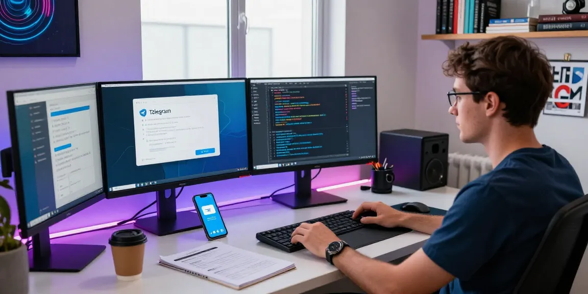Explore Telegram download in a modern tech workspace, showcasing coding and productivity.
