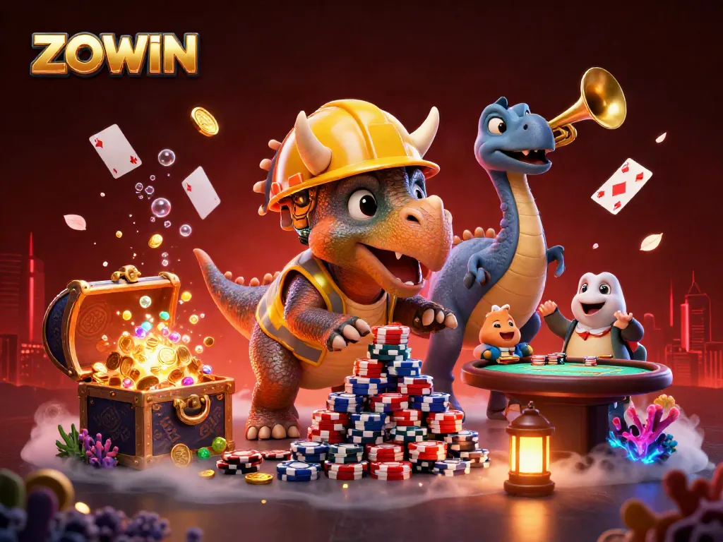 ZOWIN enhances gaming excitement with a lively scene of dinosaurs celebrating at a poker table.