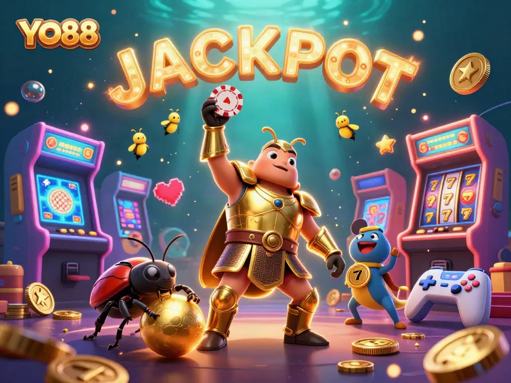 YO88 brings thrilling gameplay to life in this vibrant 3D casino-themed illustration, showcasing exciting elements.
