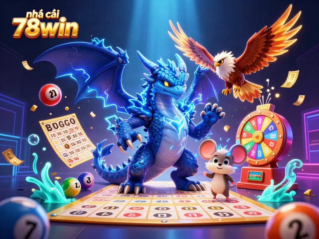Engage with the dynamic action of nhà cái 78win through an electrifying 3D illustration depicting casino elements.