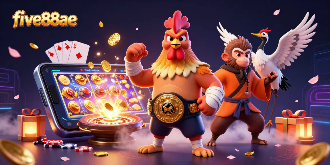 Engage in the action with five88ae, showcasing a vibrant online casino scene full of dynamic characters and game elements.