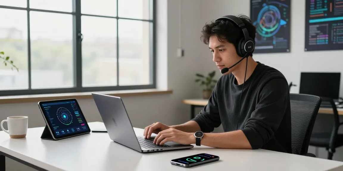 Fast network acceleration experience with快连 in a modern coding workspace featuring tech gadgets and natural light.