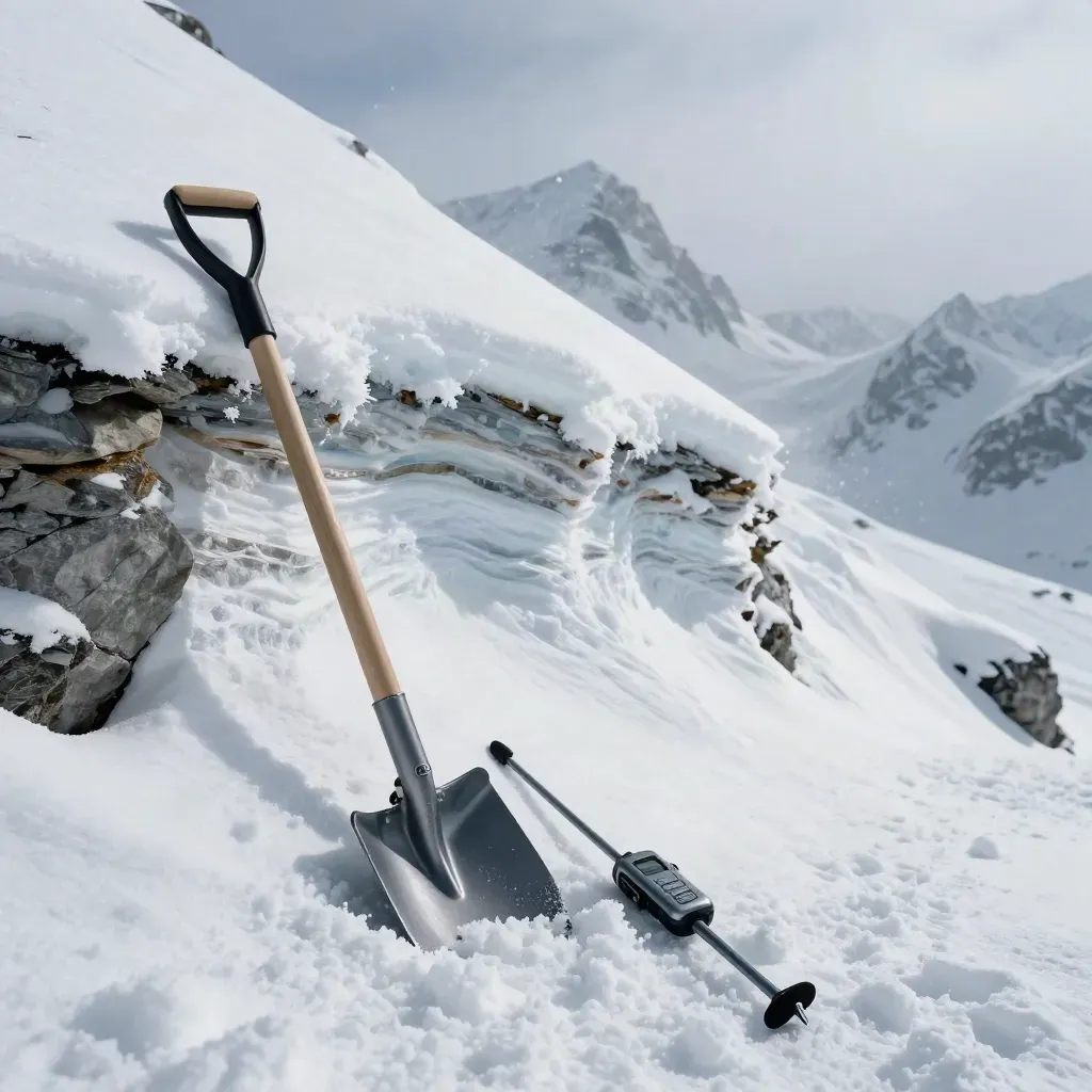 Snowpit with avalanche tools beside layered snow under spindrift, viewed low toward the ridge.