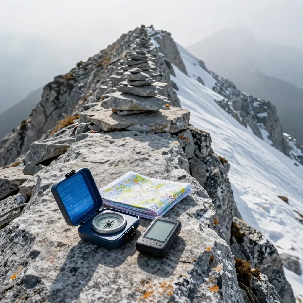 Cairn-lined alpine traverse with map sleeve, compass case and GPS beside the route.