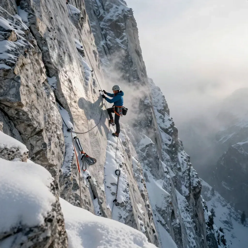 Snow-dusted alpine climbing ledge with rope, anchors, helmet and ice tools at dawn.