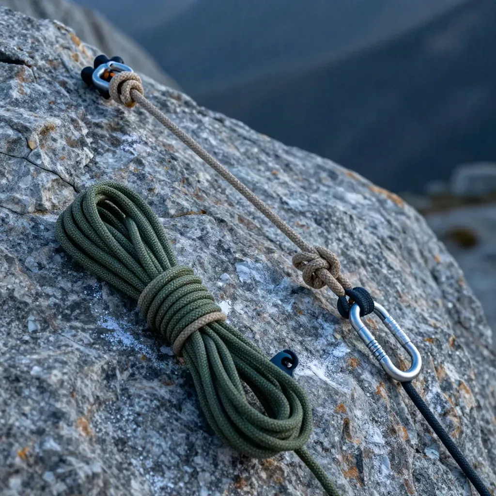 Anchor knots on granite with coiled rope and carabiners in cold alpine light