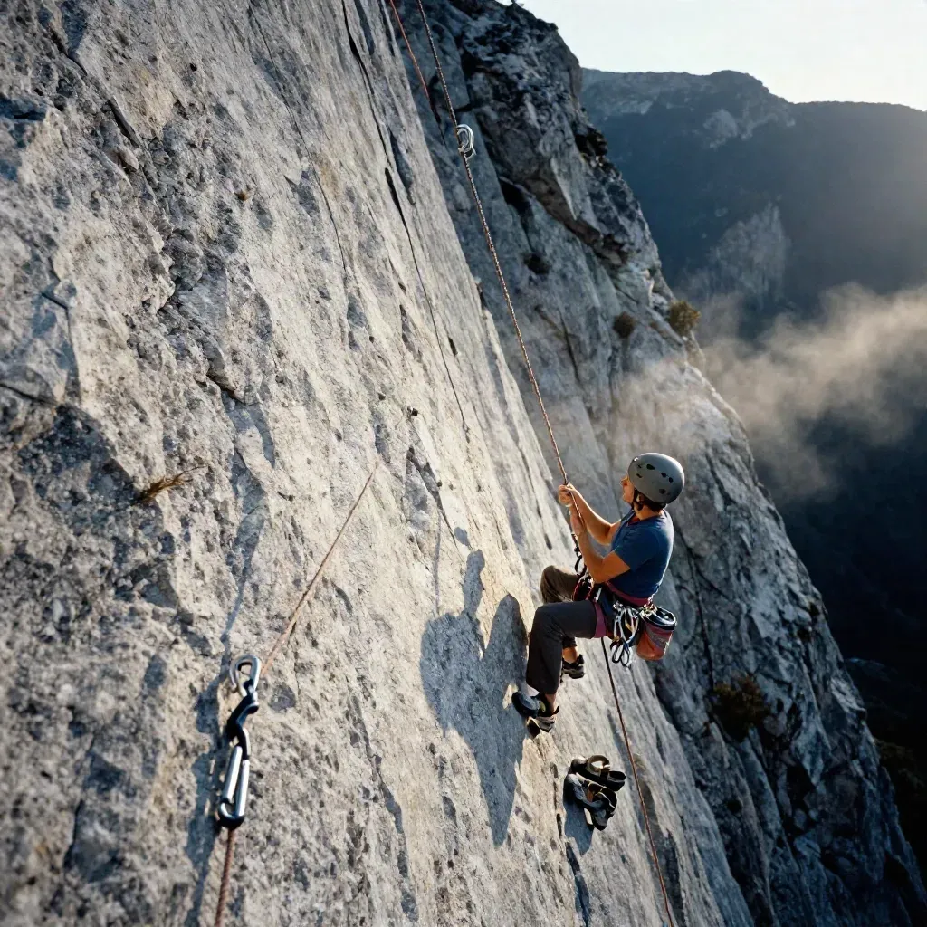 Bolted limestone climbing lane with ropes, gear, and helmet at the base, lit dramatically at dusk.