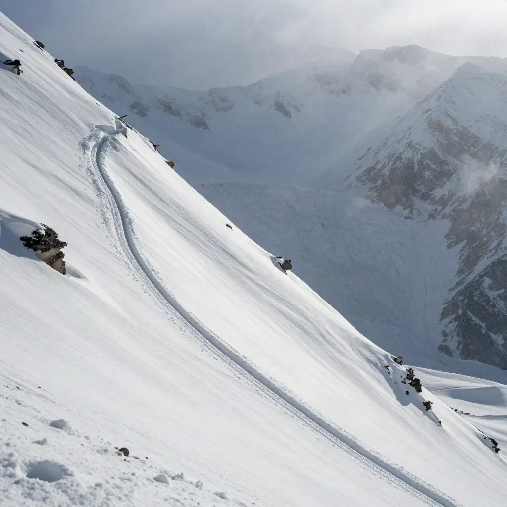 Steep alpine snow slope with a test column, runout basin, and ski tracks under blowing crystals.