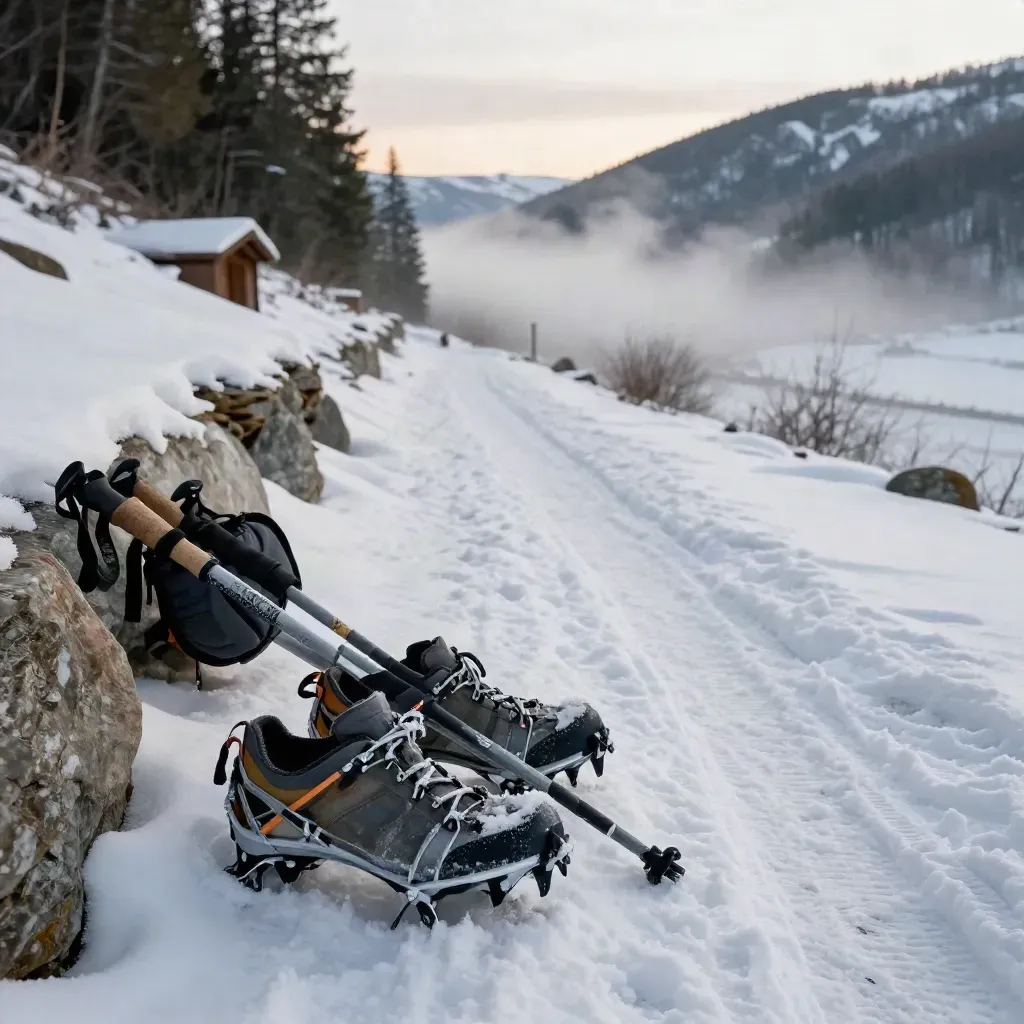 Microspikes and trekking poles beside a packed winter route into a snowy valley.