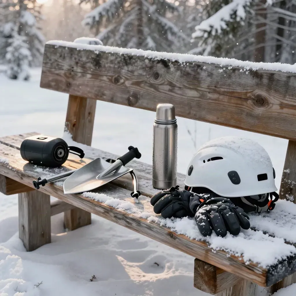 Winter safety kit on a cedar trailhead bench in falling snow, ready before a workshop