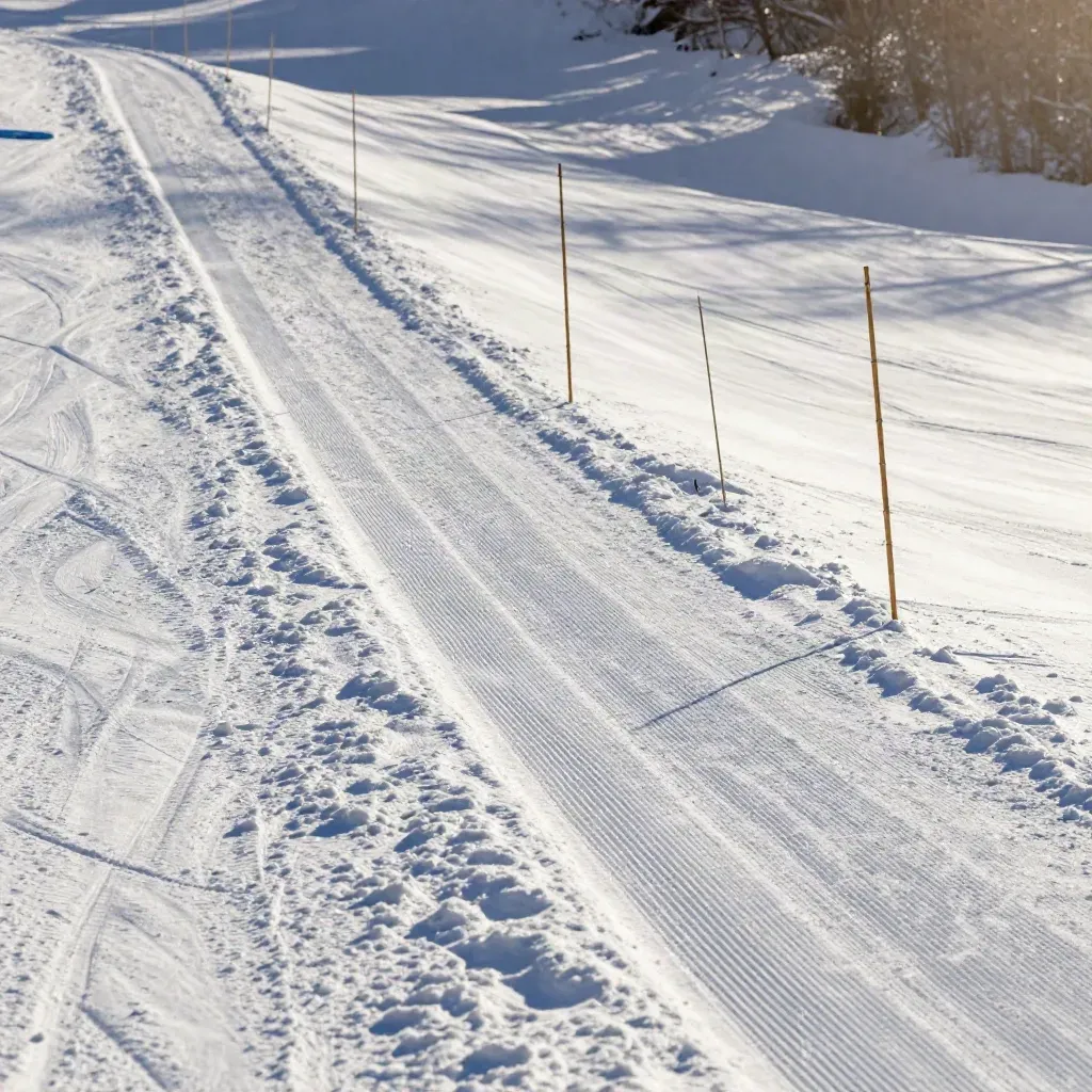 Diagonal ski-training slope with bamboo hazard wands and a clear safe-lane corridor in drifting snow.