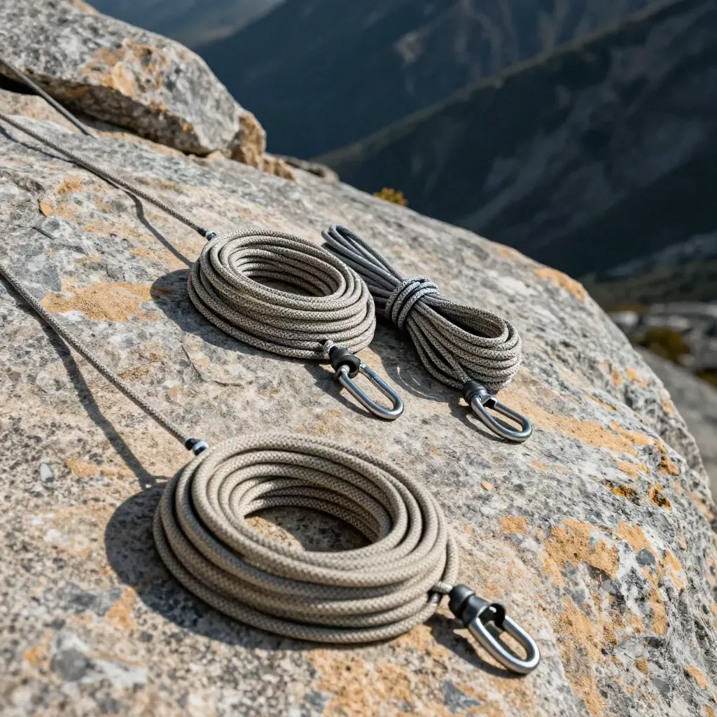 Granite belay anchors with coils of rope and dressed knots on an alpine terrace