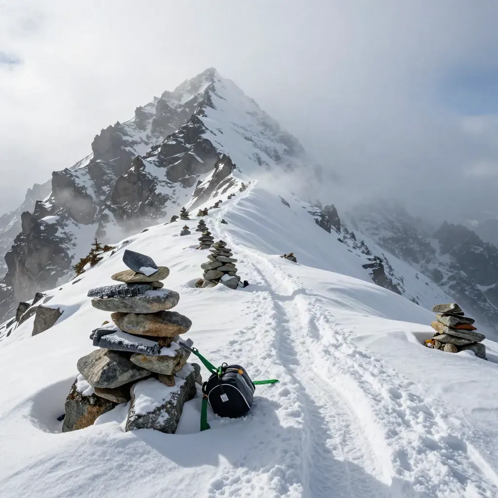 Storm-day alpine ridge checkpoint with cairns, retreat line in snow, and avalanche rescue kit cache.