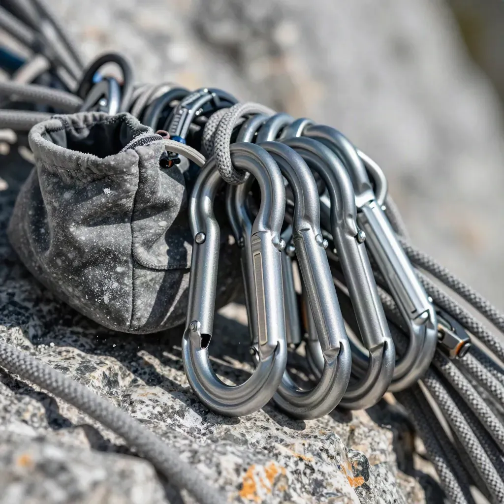 Locking carabiners, belay device, chalk bag and coiled rope on granite, seen in extreme macro.