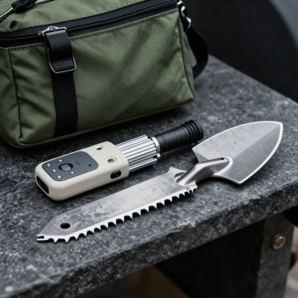 Avalanche transceiver, probe, shovel blade, and snow saw on a dark stone shelf.