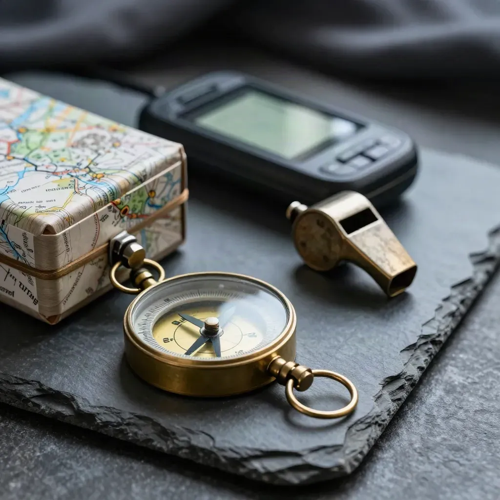 Brass compass, map case, GPS unit and whistle on slate in dramatic macro light.