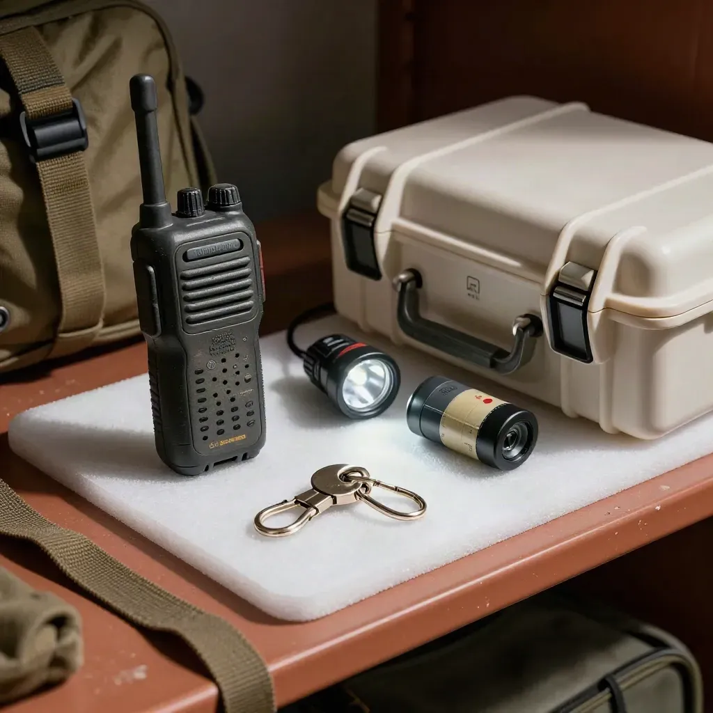 Top-down gear kit with radio handset, headlamp, case, battery pack and key ring on terracotta wood.