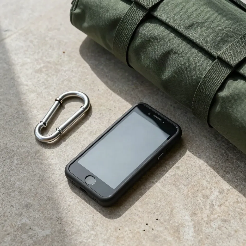 Overhead rugged field phone, locking carabiner, and green drybag on stone.