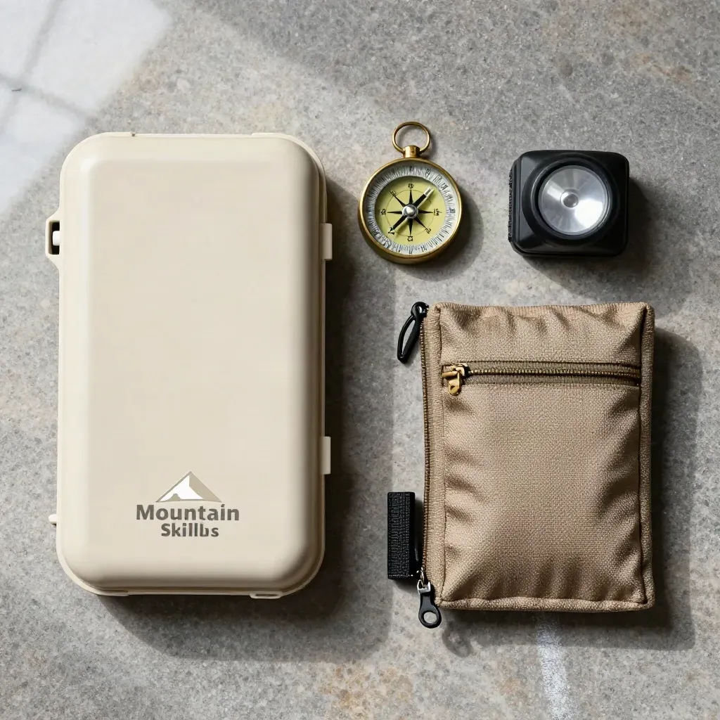 Overhead still life of map case, compass, headlamp, and gear pouch on brushed stone.