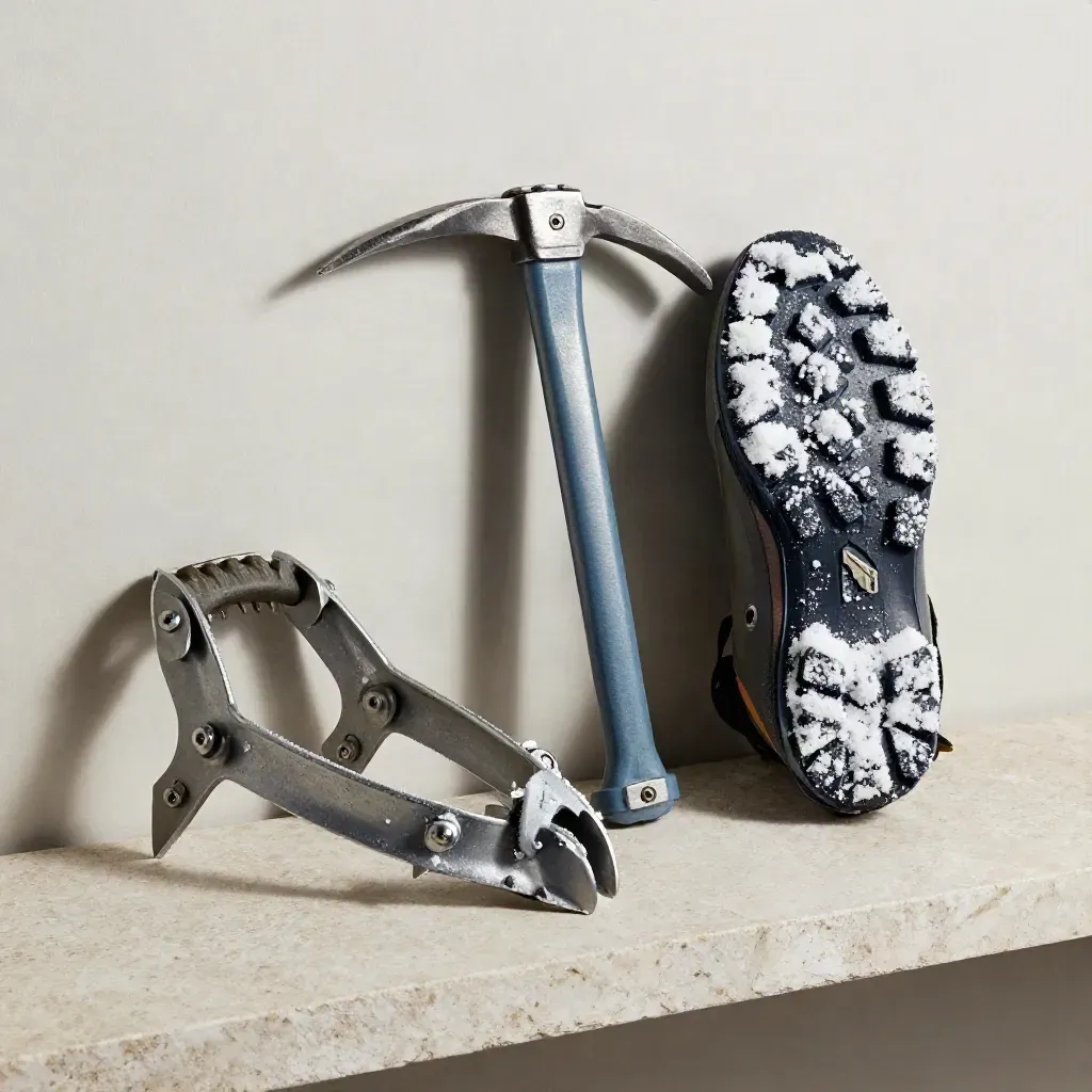 Crampons, ice axe pick, and snow-dusted boot tread on stone shelf, side lit