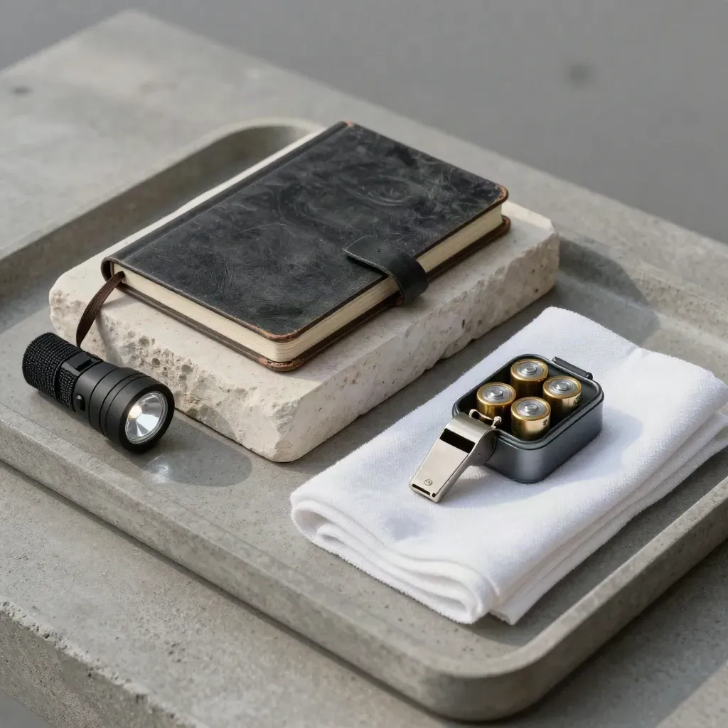 Closed field notebook, headlamp, whistle, batteries, and white cloth on a stone tray.