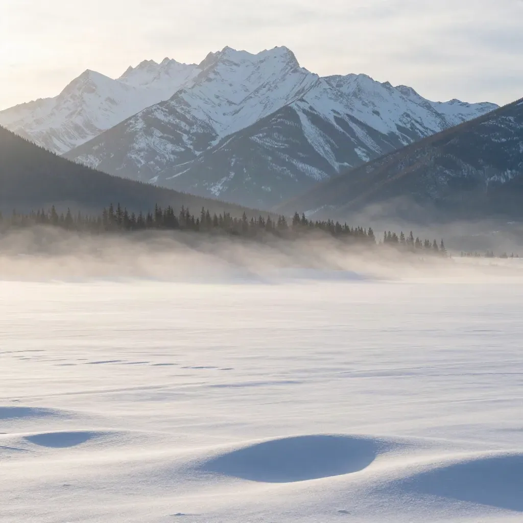 Bow Valley at dawn with Banff peaks above a hazy snow-covered valley floor