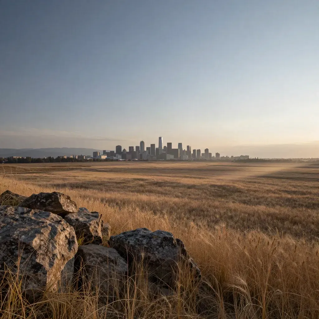 Calgary skyline under foothills after sunset, seen from a calm prairie overlook.