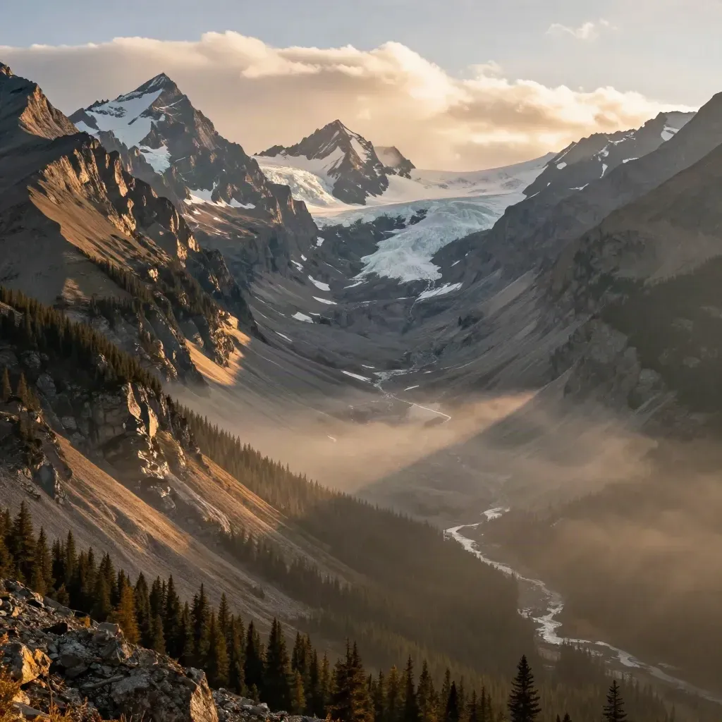 Golden Kootenay Rockies ridges over misty cedar valley at sunset