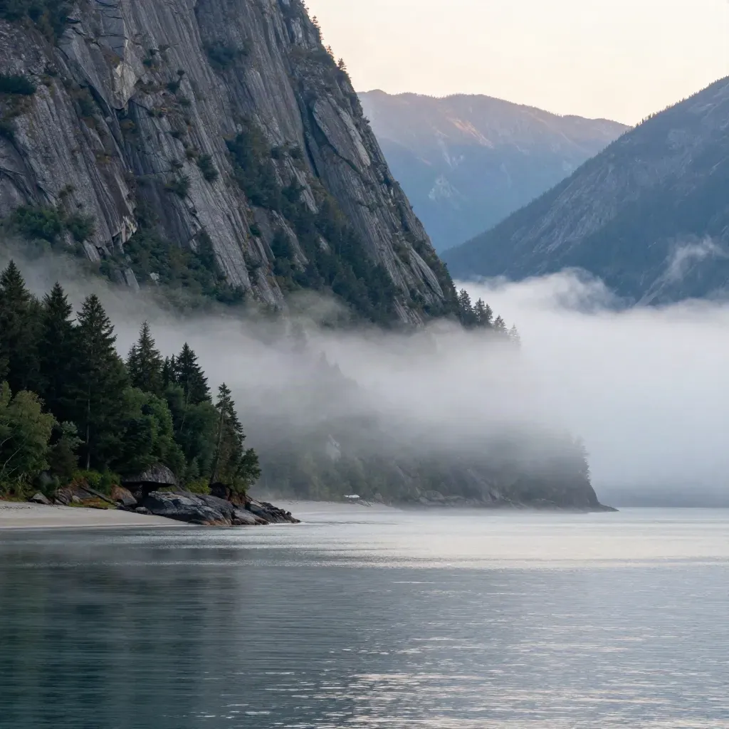 Misty Sea to Sky fjord at dawn with granite cliffs and calm water