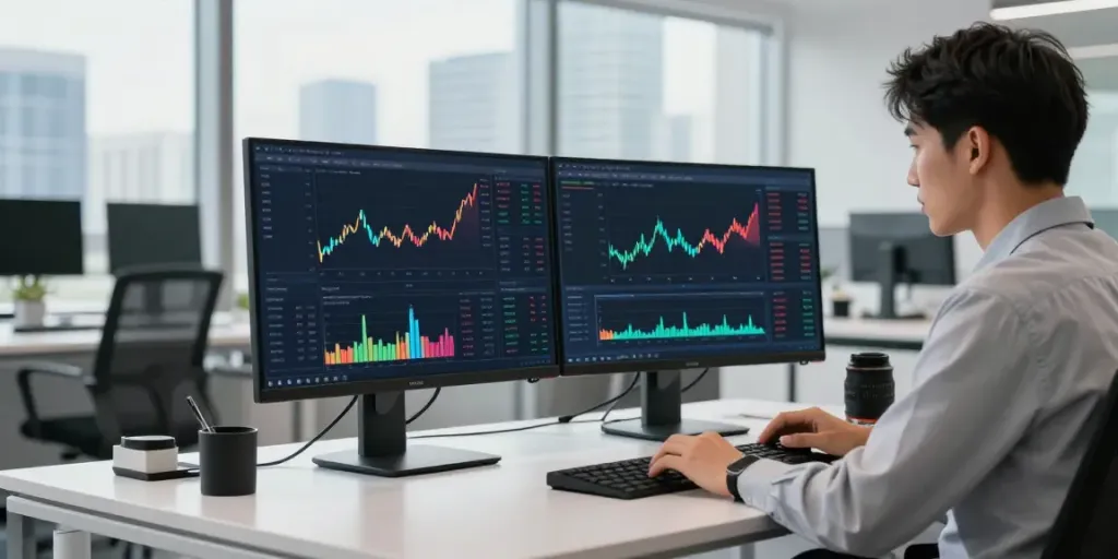 Young professional using quantum ai for cryptocurrency trading in a modern office.