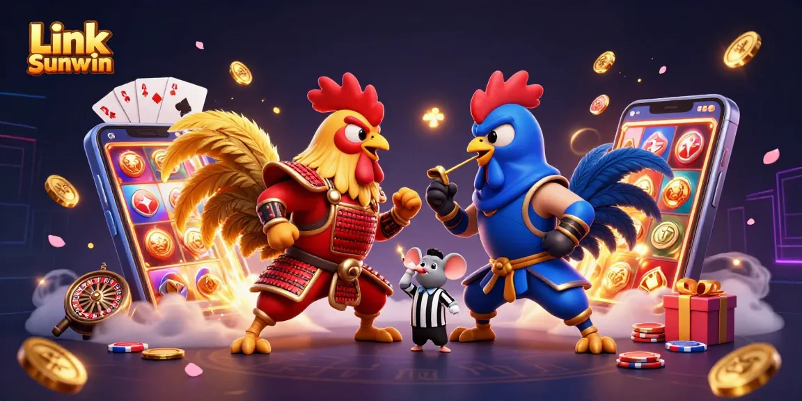 Experience exciting gameplay with Link Sunwin in this vibrant 3D illustration featuring dynamic casino elements and fighting roosters.