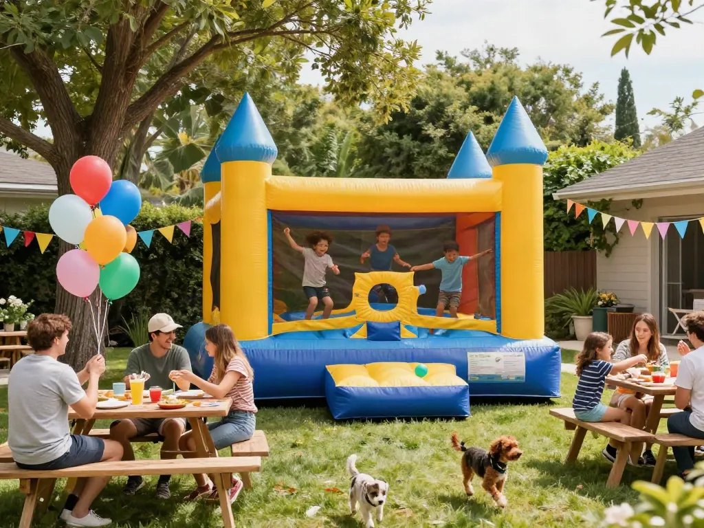 Children enjoying a bounce house at a festive outdoor party.