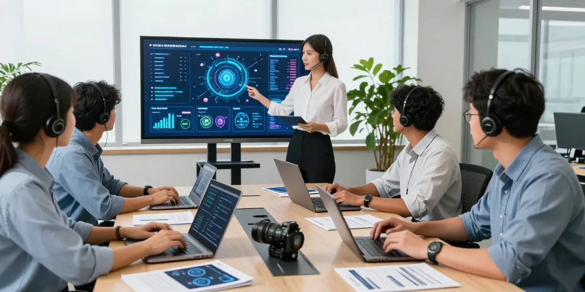 Business IT support services team collaborating on technology solutions in a modern office